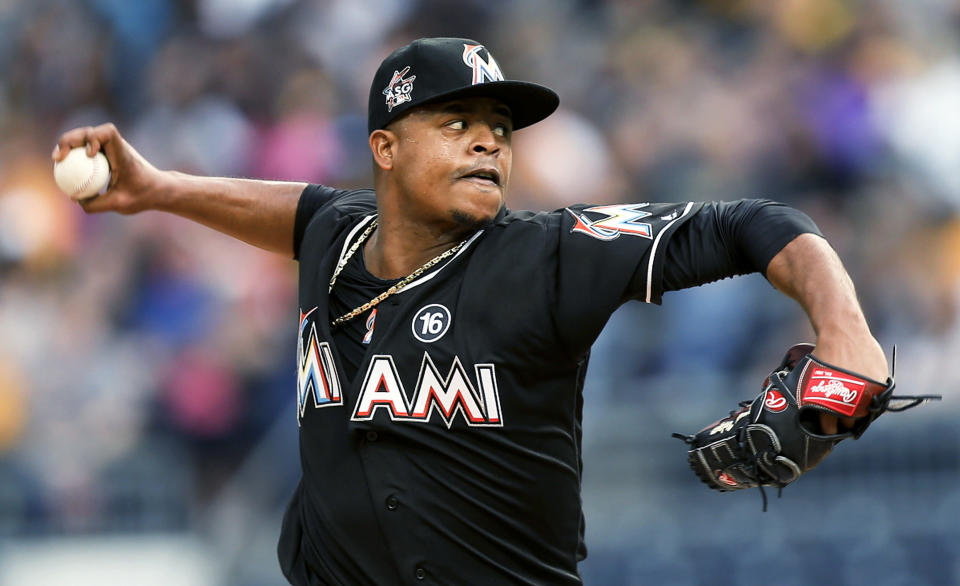 Edinson Volquez’s no-hitter stands out as a big moment for the Marlins in 2017. (AP Photo/Keith Srakocic, File)