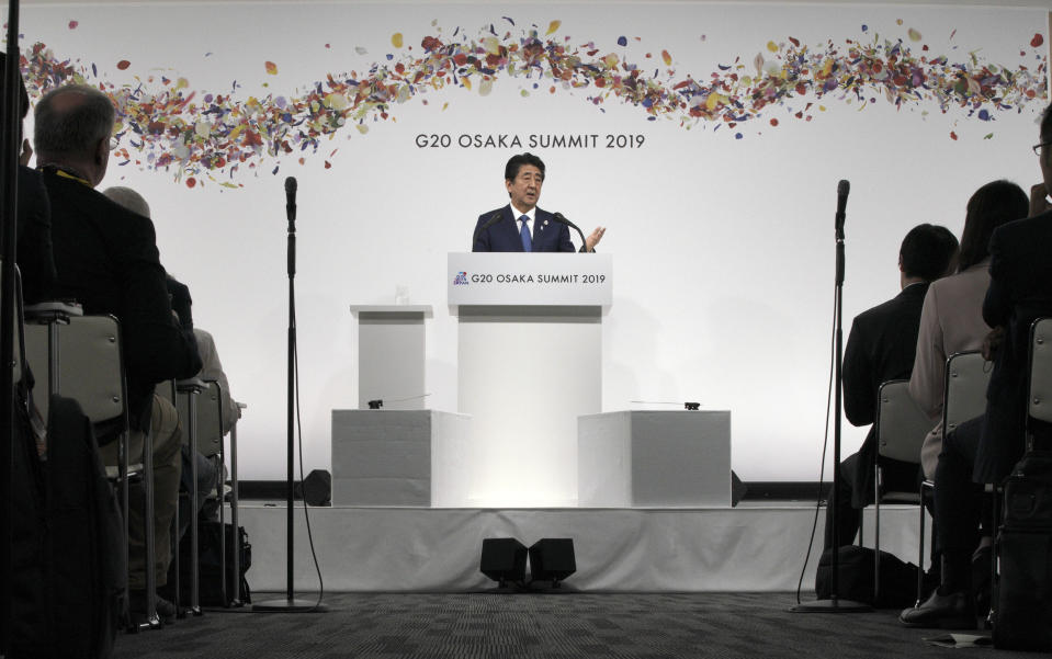 Japanese Prime Minister Shinzo Abe speaks during a press conference after G-20 summit in Osaka, western Japan Saturday, June 29, 2019. (AP Photo/Eugene Hoshiko)