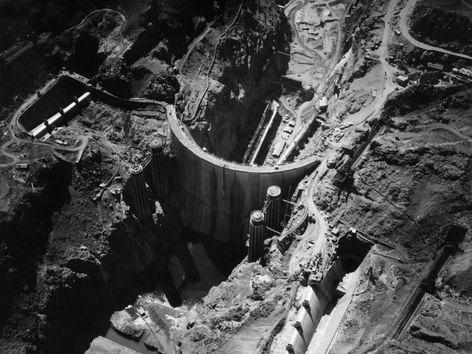 Aerial view of the construction of the Boulder Dam, renamed the Hoover Dam in 1947, shortly before its completion.