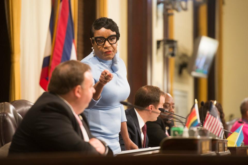 Savannah At-Large Post 1 Alderwoman Kesha Gibson-Carter stands at her council seat and calls District 6 Alderman Kurtis Purtee a liar, as he accuses her of calling him a "child pedophile, a predator and a f***** at the Oct. 27 council meeting.