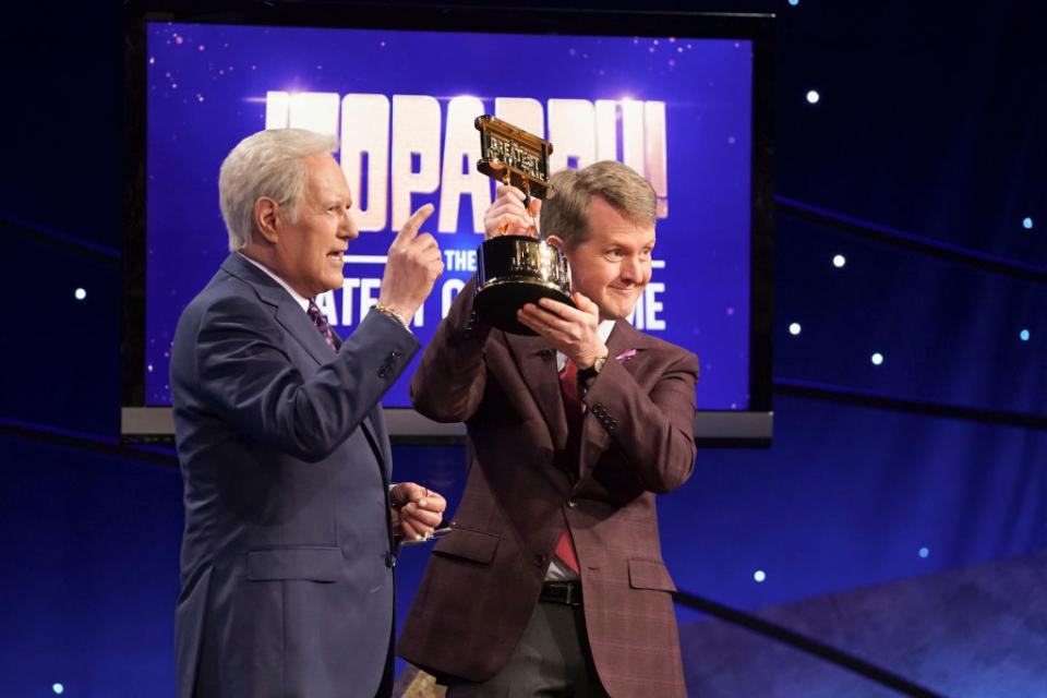 Alex Trebek congratulates Ken Jennings on winning the &quot;Jeopardy! The Greatest of All Time&quot; tournament in 2020. (Photo: Eric McCandless/ABC via Getty Images) 