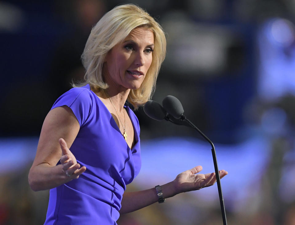 FILE - Fox News conservative political commentator Laura Ingraham speaks during the third day of the Republican National Convention in Cleveland on July 20, 2016. At conservative America's favorite news source, the Republican nomination process is essentially over and has been for awhile, leaving DeSantis and Haley annoyed at perceived favoritism to Trump. On Jan. 16, the day after the Iowa caucus, Fox’s Laura Ingraham urged both DeSantis and Haley to clear the field for Trump. (AP Photo/Mark J. Terrill, File)