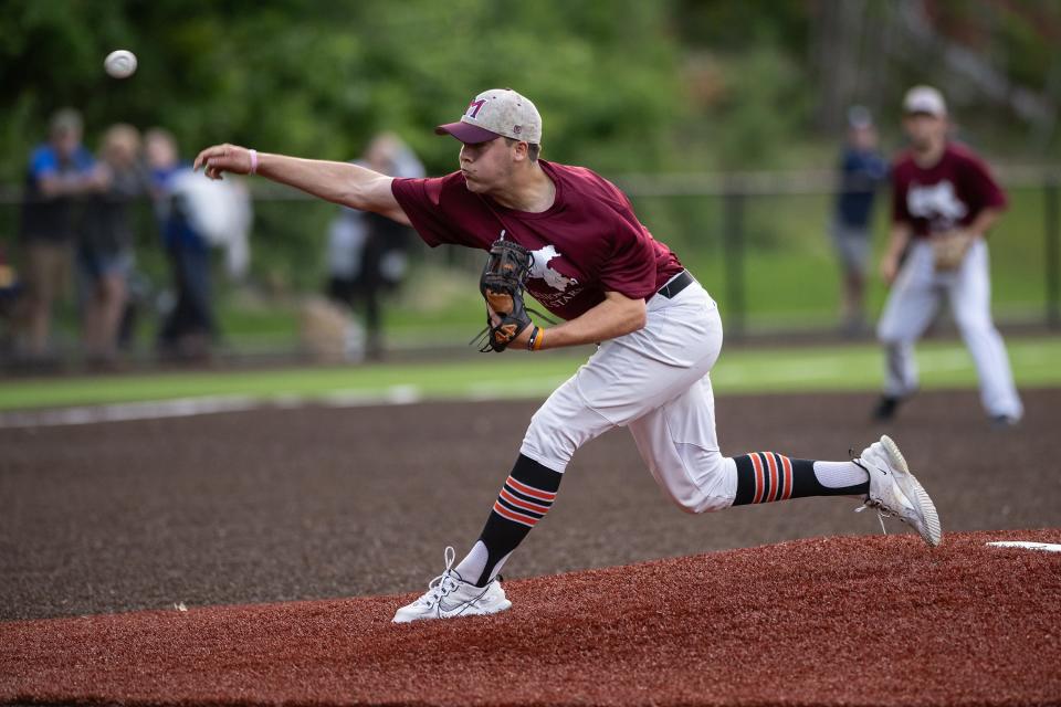 Maynard's Nolan Currier pitches for the Central Mass team during the MBCA Senior All-Star game on Tuesday June 20, 2023 in Millbury.