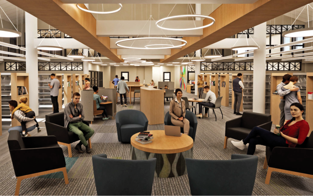 This rendering shows some of the lighting and environmental enhancements patrons can expect with the $9M John McIntire Library upgrade. Expected completion is the spring of 2026.
