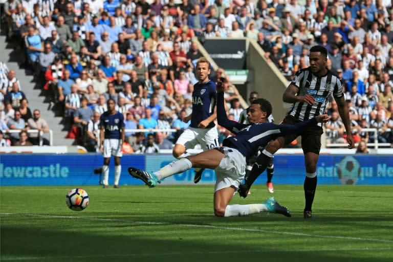 Tottenham Hotspur's Dele Alli scores a goal during their English Premier League match against Newcastle United, at St James' Park in Newcastle-upon-Tyne, on August 13, 2017