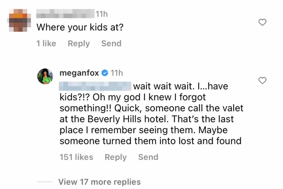 Megan Fox Claps Back at Fan That Asks About Her Kids on Her Latest Selfie