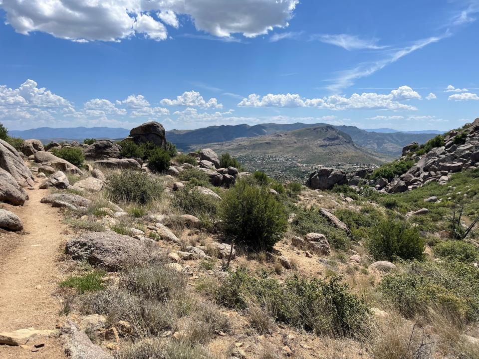 The town of Yarnell can be seen in the distance from this spot on the Hotshots Trail at the Granite Mountain Hotshots Memorial State Park off of Highway 89.