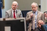 Defense attorney Jim Griffin and prosecutor Creighton Waters listen to testimony during Alex Murdaugh's double murder trial at the Colleton County Courthouse in Walterboro, S.C., Monday, Feb. 27, 2023. The 54-year-old attorney is standing trial on two counts of murder in the shootings of his wife and son at their Colleton County, S.C., home and hunting lodge on June 7, 2021. (Jeff Blake/The State via AP, Pool)