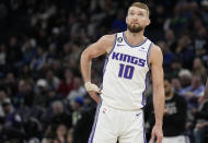 Sacramento Kings forward Domantas Sabonis (10) looks on during the first half of an NBA basketball game against the Minnesota Timberwolves, Monday, Jan. 30, 2023, in Minneapolis. (AP Photo/Abbie Parr)