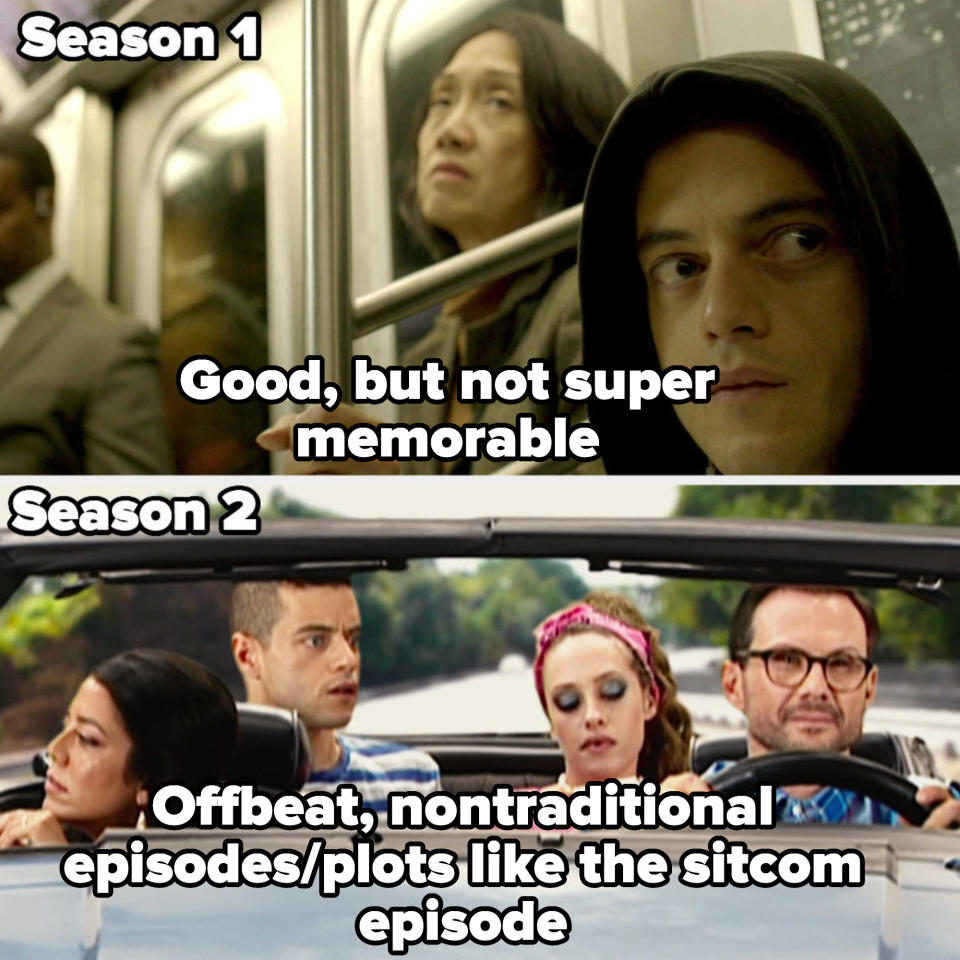 Season 1 labeled "Good, but not super memorable" and season 2 labeled "offbeat, nontraditional episodes/plots like the sitcom episode