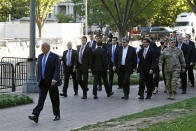 President Donald Trump walks in Lafayette Park to visit outside St. John's Church across from the White House Monday, June 1, 2020, in Washington. Part of the church was set on fire during protests on Sunday night. (AP Photo/Patrick Semansky)