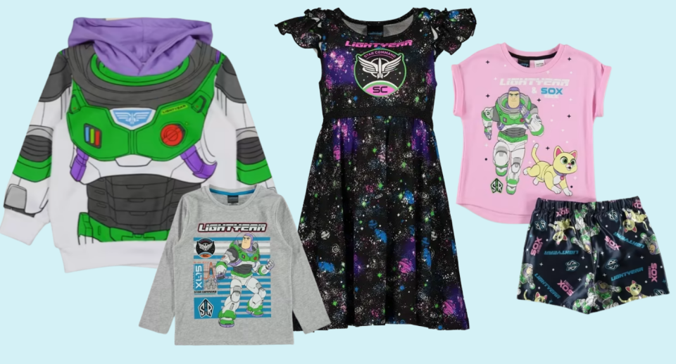 A montage of outfits to mark the new Buzz Lightyear move including hoodies, long and short-sleeved tops, a dress and boxer shorts.