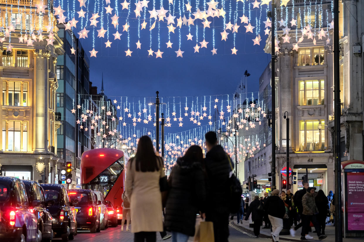 LONDON, UNITED KINGDOM - NOVEMBER 30, 2021 - The Christmas lights on Oxford Street. (Photo credit should read Matthew Chattle/Barcroft Media via Getty Images)