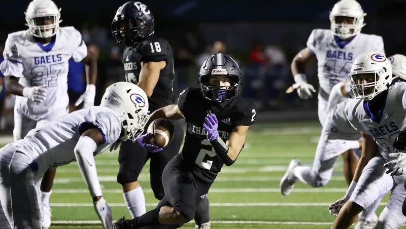 Corner Canyon High School and Bishop Gorman High School of Las Vegas, NV, compete in a non-conference football game at Corner Canyon High school in Draper on Friday, Aug. 18, 2023.