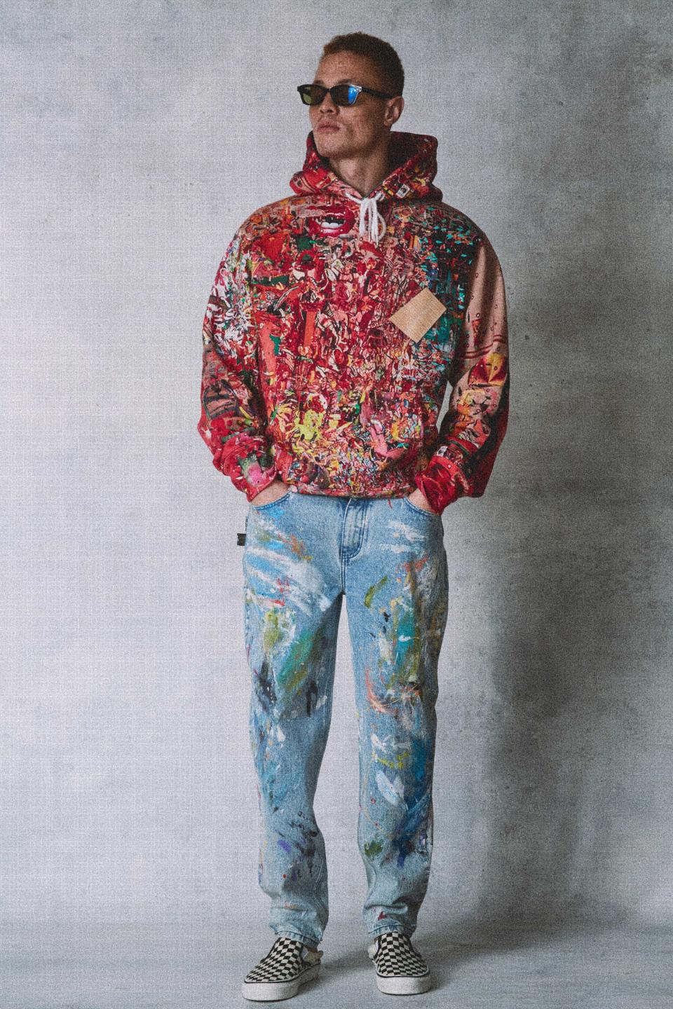 Paint-splattered pieces are a key part of the collection.