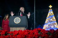 <p>President Donald Trump participates in the 95th annual national Christmas tree lighting ceremony held by the National Park Service on the Ellipse near the White House on Nov,30, 2017 in Washington. (Photo: Al Drago-Pool/Getty Images) </p>