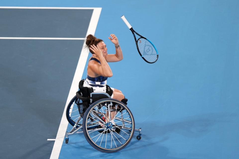 Wheelchair tennis star Jordanne Whiley of Team Great Britain reacts to winning a bronze medal at the Tokyo Paralympics.