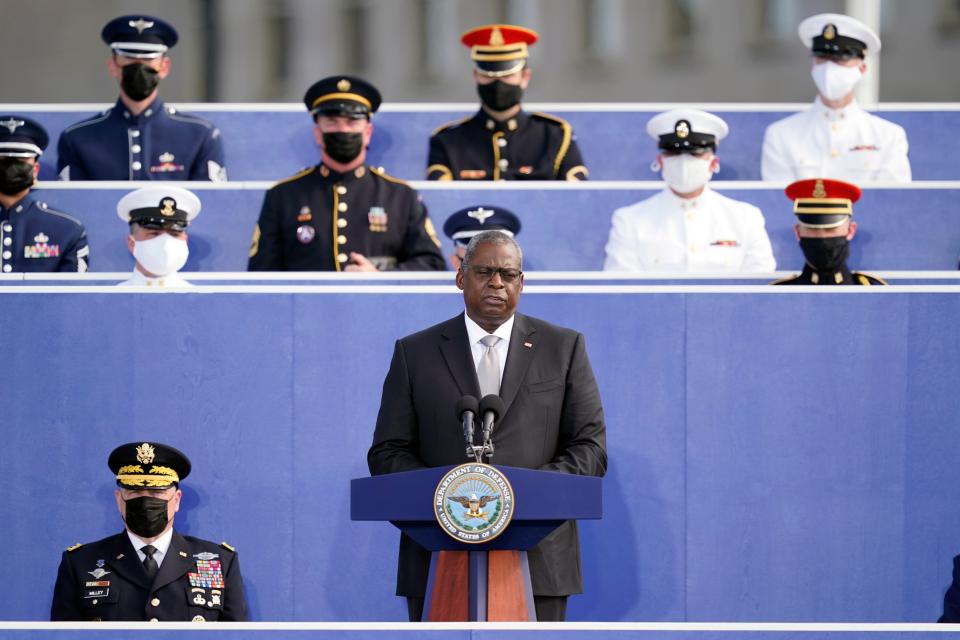 Secretary of Defense Lloyd Austin speaks during an observance ceremony at the Pentagon in Arlington, Va., on Sept. 11, 2021, on the morning of the 20th anniversary of the terrorist attacks.