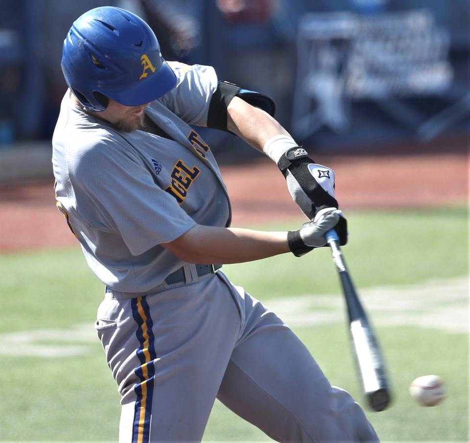 Angelo State University's Tripp Clark connects on a pitch against Colorado Mesa during Game 2 of the Super Regional at Foster Field at 1st Community Credit Union Stadium on Saturday, May 28, 2022.