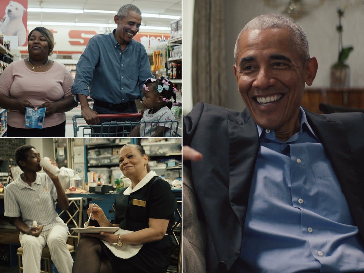 Top left: Barack Obama and documentary participant Randi Williams shop for groceries together; bottom left: Elba Guzmán, a housekeeper at the Pierre hotel, works as a housekeeper; right: Barack Obama is an executive producer on the documentary series, which he also narrates and stars in (Netflix)