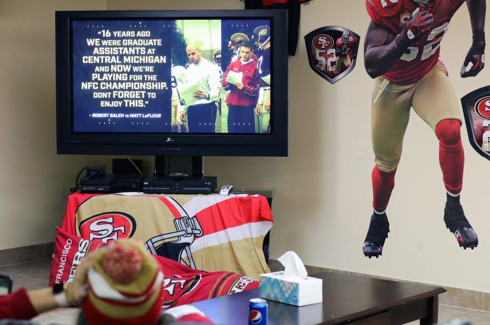 Friends and family gathered to watch defensive coordinator Robert Saleh for San Francisco 49ers NFC play the Green Bay Packers Sunday, Jan.19, 2020.