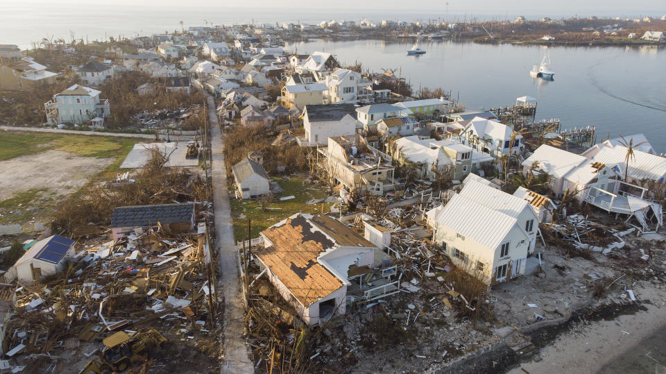 ELBOW KEY, BAHAMAS - SEPTEMBER 7:  An aerial view of view of damaged homes in Hurricane Dorian devastated Elbow Key Island on September 7, 2019 in Elbow Key Island, Bahamas.  The official death toll has risen to 43 and according to officials is likely to increase even more.  (Photo by Jose Jimenez/Getty Images)