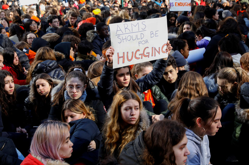 <p>Students from Fiorello H. Laguardia High School sit down on West 62nd street in support of the National School Walkout in the Manhattan borough of New York City, New York, U.S., March 14, 2018. (Photo: Mike Segar/Reuters) </p>