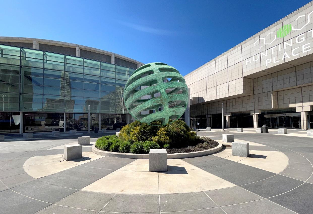 A rendering of the sculpture “Floating Citadel,” to will be located in the main circle drive of Huntington Place in downtown Detroit.