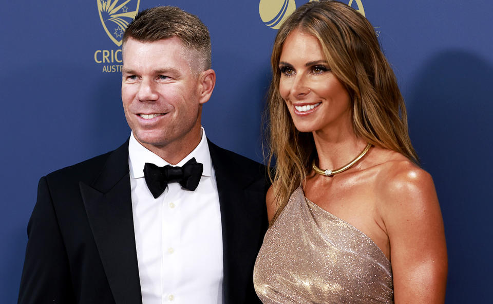 David Warner and wife Candice, pictured here at the Australian Cricket Awards in 2023.