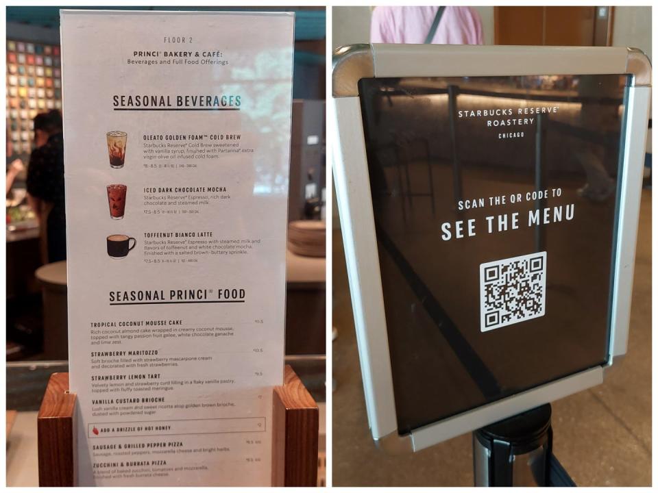 A split image showing the seasonal food and drink menu at the Starbucks Reserve Roastery in Chicago and a QR order code on a sign