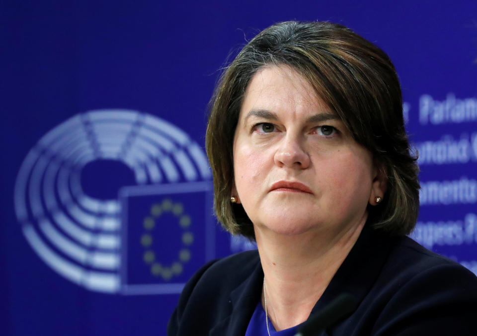 DUP leader Arlene Foster speaking to journalists in Brussels (Reuters)