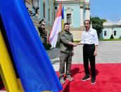 In this photo released by Indonesian Presidential Palace, Indonesian President Joko Widodo, right, shakes hands with his Ukrainian counterpart Volodymyr Zelensky during their meeting in Kyiv, Ukraine on Wednesday, June 29, 2022. Widodo, whose country holds the rotating presidency of the Group of 20 leading rich and developing nations, is currently on a tour to Ukraine and Russia for meetings with the leaders of the two warring nations following a visit to Germany to attend the Group of Seven summit. (Laily Rachev, Indonesian Presidential Palace via AP)