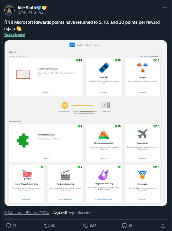 Parece que usuarios pueden conseguir más puntos a través de Microsoft Rewards