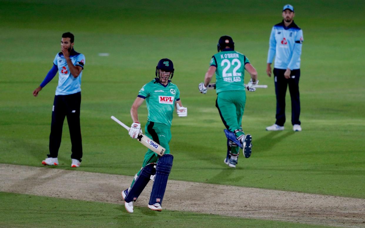 Ireland's Harry Tector (second left) and team-mate Kevin O'Brien secure runs to win the third One Day International match at the Ageas Bowl, Southampton - Ireland's ODI heroes forced to self-isolate for two weeks on return from England - PA