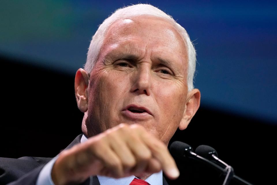 Former Vice President Mike Pence speaks during the Family Leadership Summit, Friday, July 16, 2021, in Des Moines, Iowa.