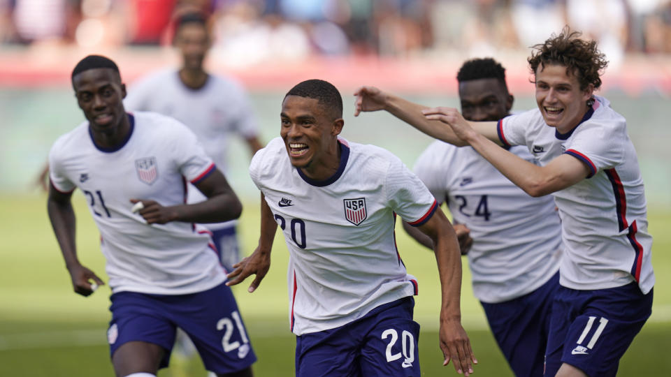 United States Reggie Cannon (20) celebrates after scoring against Costa Rica in the second half during an international friendly soccer match Wednesday, June 9, 2021, in Sandy, Utah. (AP Photo/Rick Bowmer)