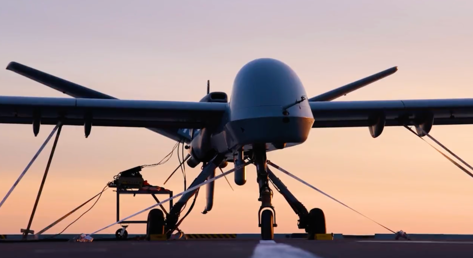 A Mojave drone secured on the deck of HMS <em>Prince of Wales</em>. <em>Crown Copyright</em>