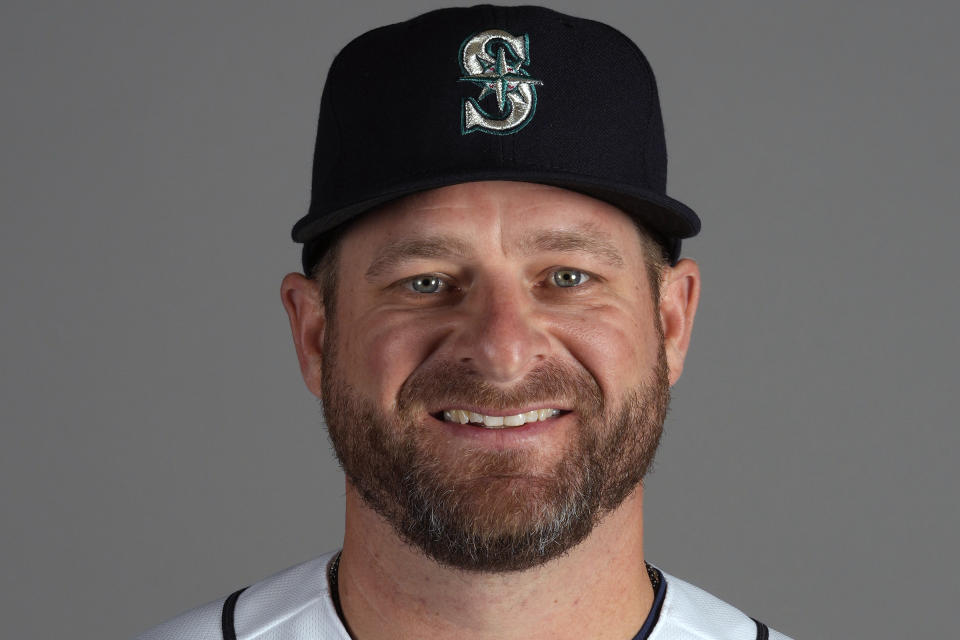 FILE - This is a 2023 photo showing Stephen Vogt of the Seattle Mariners baseball team. The Cleveland Guardians have hired Stephen Vogt, a journeyman catcher with no managerial experience, as their new manager to replace Terry Francona, the team announced Monday, Nov. 6, 2023. Vogt was Seattle’s bullpen coach last season. (AP Photo/Charlie Riedel, File)