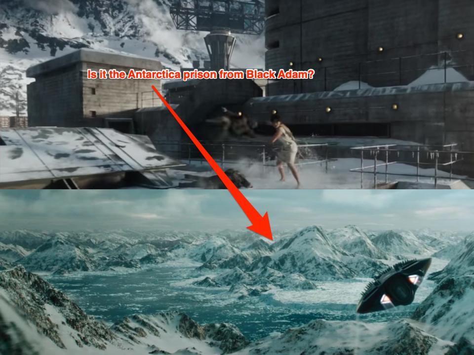 Sasha Calle as Supergirl in the snow prison and the JLA plane flying in Antarctica in "Black Adam."