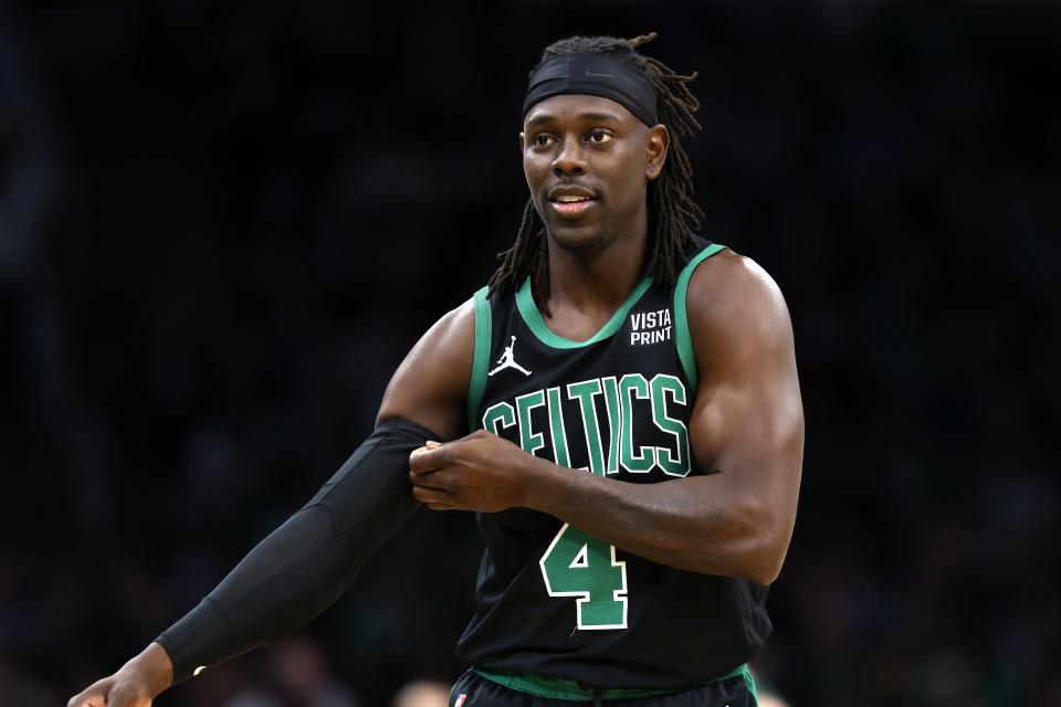 Boston Celtics' Jrue Holiday plays against the Dallas Mavericks during the first half of an NBA basketball game, Friday, March 1, 2024, in Boston. (AP Photo/Michael Dwyer)