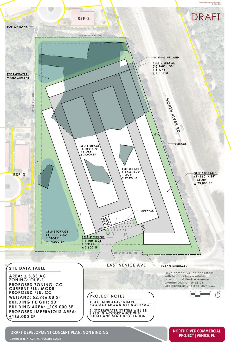 JEM Florida LLC wants to build a self storage facility on a 5.85-acre site on the northwest corner of River Road and East Venice Avenue, adjacent to Caribbean Village.