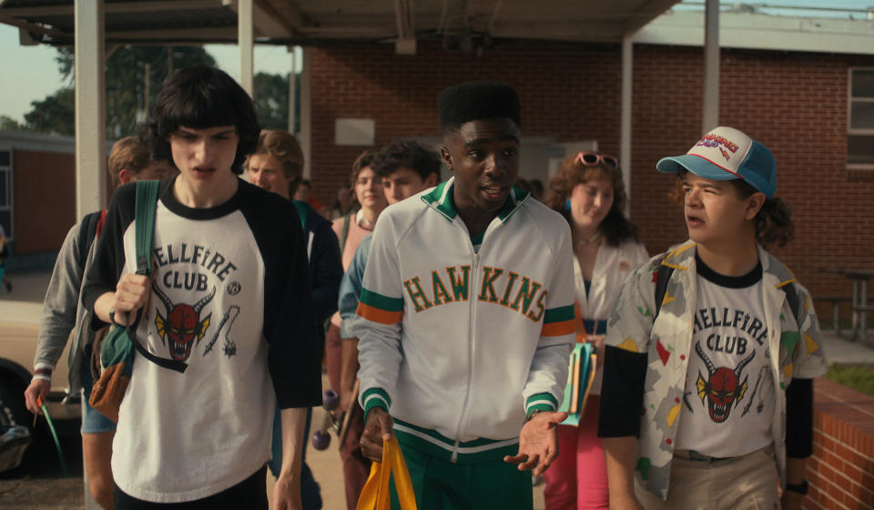 Finn Wolfhard, Caleb McLaughlin, and Gaten Matarazzo in “Stranger Things 4” - Credit: Courtesy of Netflix