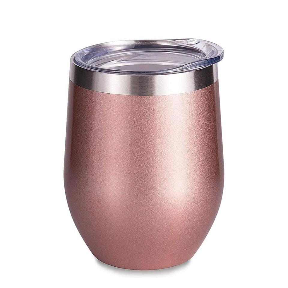 5) SUNWILL Insulated Wine Tumbler with Lid Rose Gold, Double Wall Stainless Steel Stemless Insulated Wine Glass 12oz, Durable Insulated Coffee Mug, for Champaign, Cocktail, Beer, Office