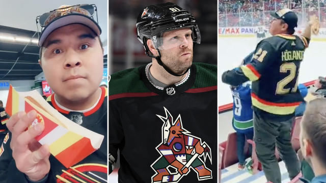 Fan In Arizona Coyotes Jersey Throws Hot Dog At Forward Phil