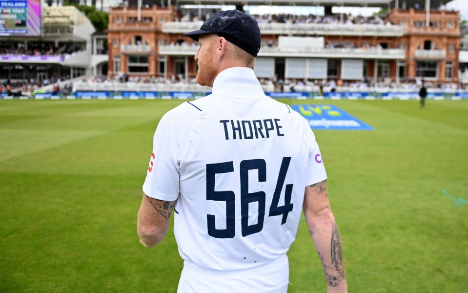 England captain Ben Stokes wears a shirt in tribute to Graham Thorpe ahead of day one of the First LV= Insurance Test match between England and New Zealand at Lord's Cricket Ground on June 02, 2022 in London, England