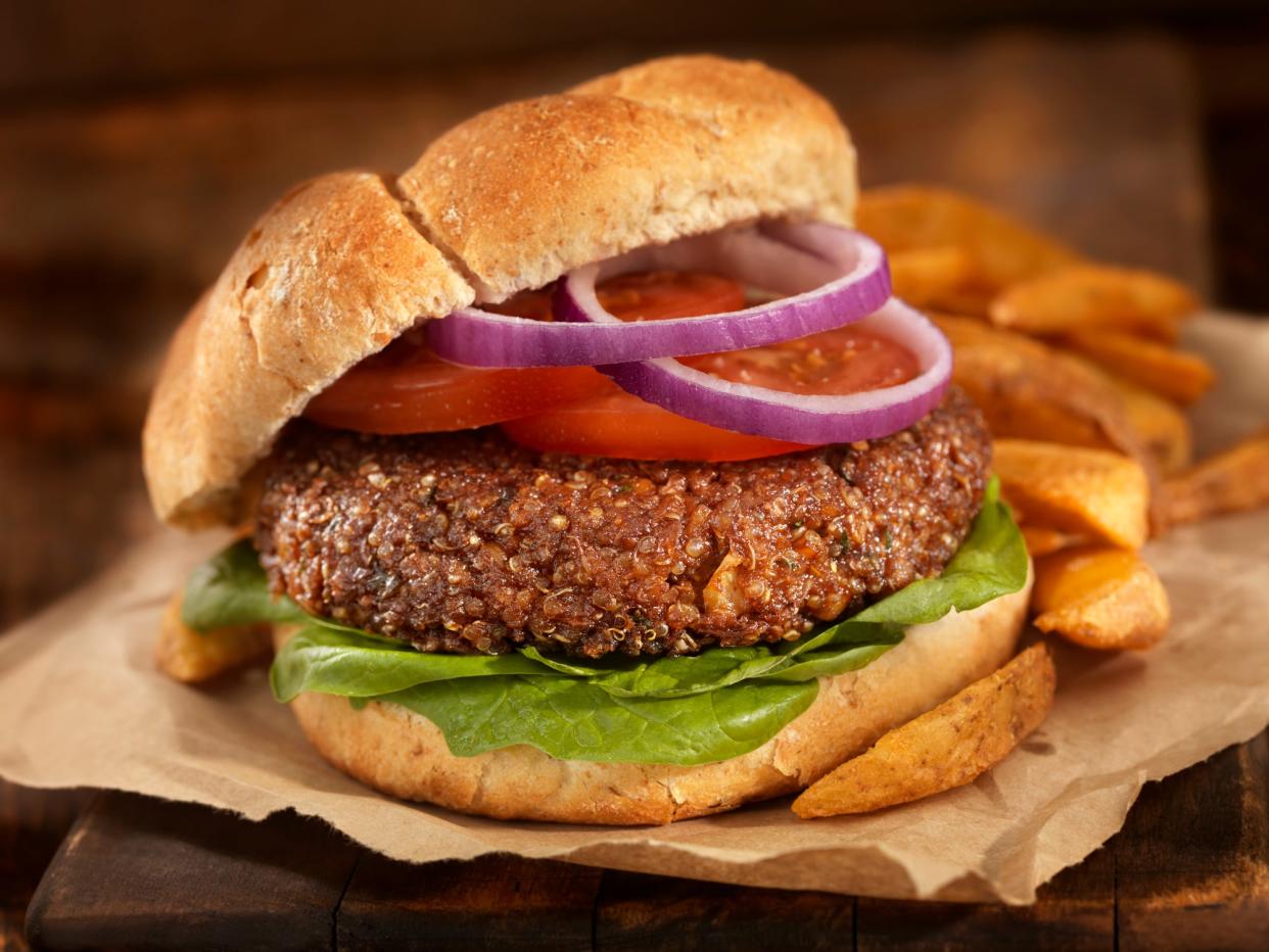 A vegetarian burger made from quinoa, chick peas, rolled outs, onions and garlic (Getty Images)