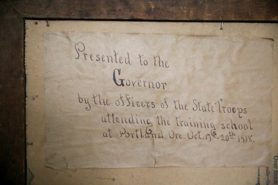 Inscription on the back of a framed portrait of Gov. James Withycombe, the governor of Oregon from 1915 to 1919, is dated October 1918.