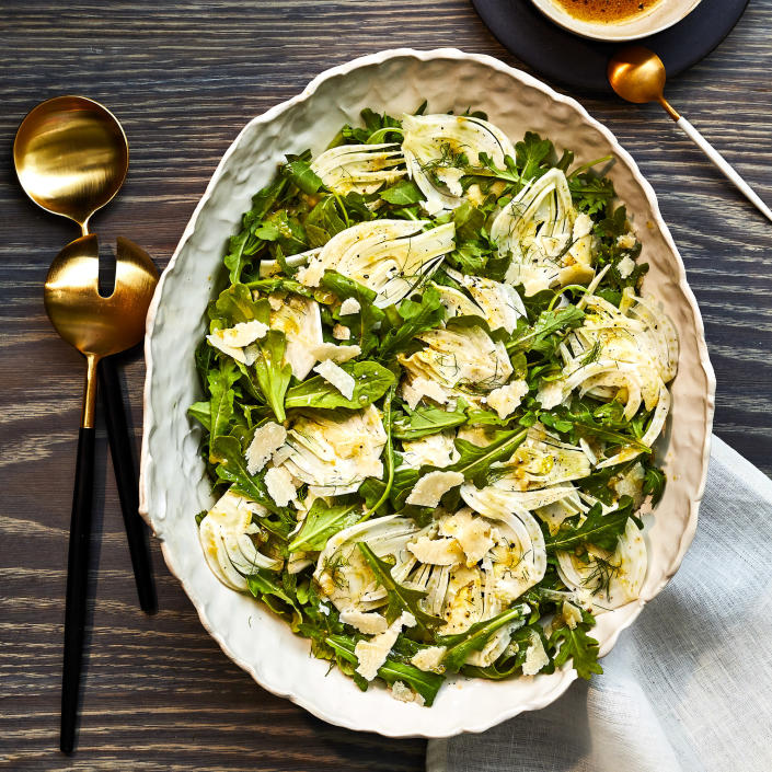 <p>This salad is a study in simplicity, so use the best-quality ingredients to allow each one to really shine. Break out that special bottle of olive oil and grab a block of nutty Parmigiano-Reggiano from the specialty cheese section for the biggest flavor impact. <a href="https://www.eatingwell.com/recipe/7928252/arugula-fennel-salad-with-lemon-vinaigrette/" rel="nofollow noopener" target="_blank" data-ylk="slk:View Recipe" class="link ">View Recipe</a></p>