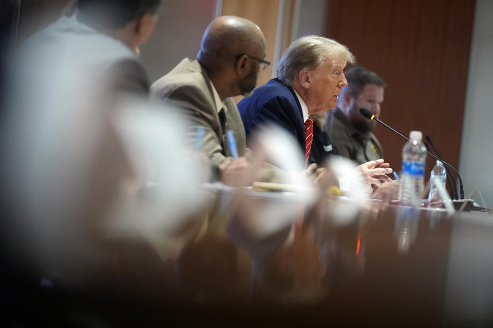 Republican presidential candidate former President Donald Trump speaks as he meets with members of the International Brotherhood of Teamsters at their headquarters in Washington, Wednesday, Jan. 31, 2024. (AP Photo/Andrew Harnik)