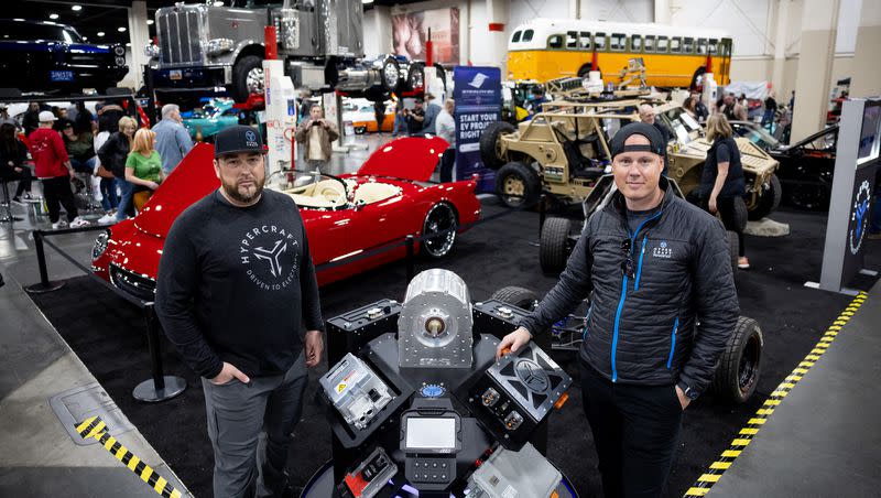 Hypercraft co-founders Jonathon Miller, left, and Jake Hawksworth, right, pose for a photo at the company’s display at the AutoRama car show at the Mountain America Expo Center in Sandy on Saturday, March 4, 2023.